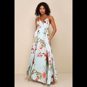NWT LULUS Still the One Sage Green Floral Print Satin Maxi Dress